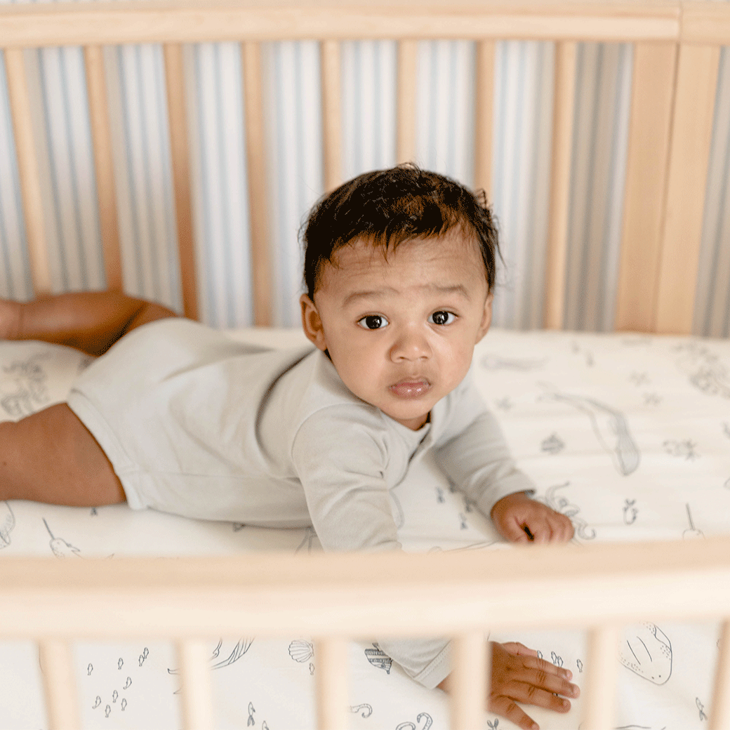 Baby in a crib laying on a Stokke's Sleepi V3 Fitted Sheet By Pehr in -- Color_Life Aquatic