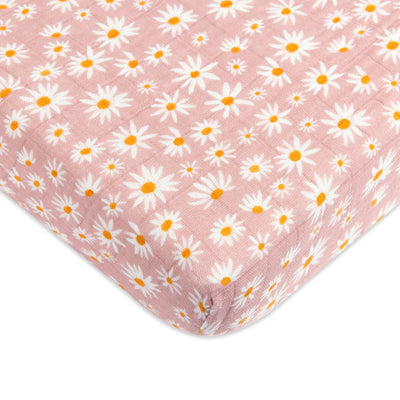 Corner closeup of Babyletto's Mini Crib Sheet in -- Color_Daisy