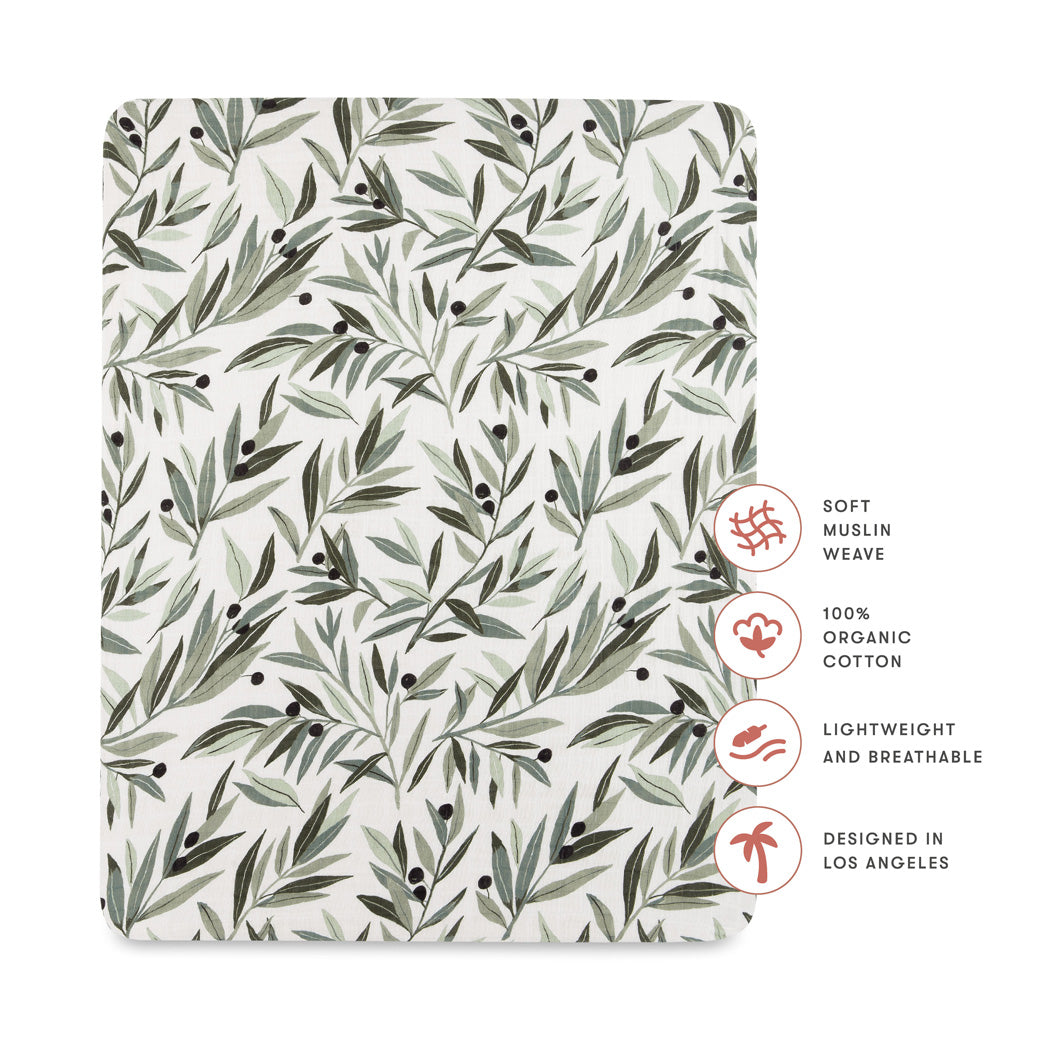 Specifications of Babyletto's All-Stages Midi Crib Sheet In GOTS Certified Organic Muslin Cotton in -- Color_Olive Branches