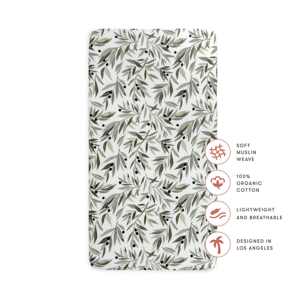 Specifications of the Babyletto's Crib Sheet in GOTS Certified Organic Muslin Cotton in -- Color_Olive Branches