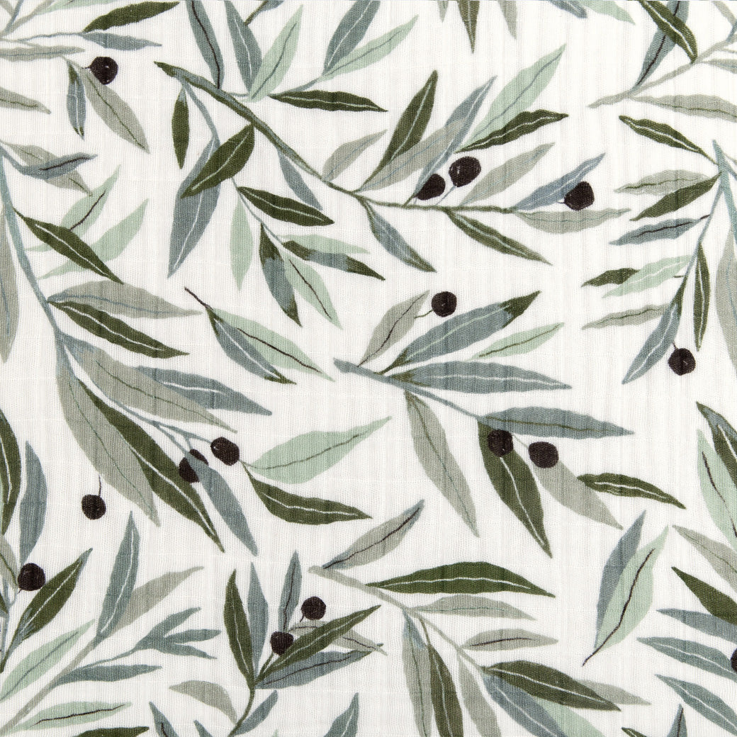 Closeup of the pattern of the Babyletto's Crib Sheet in GOTS Certified Organic Muslin Cotton in -- Color_Olive Branches