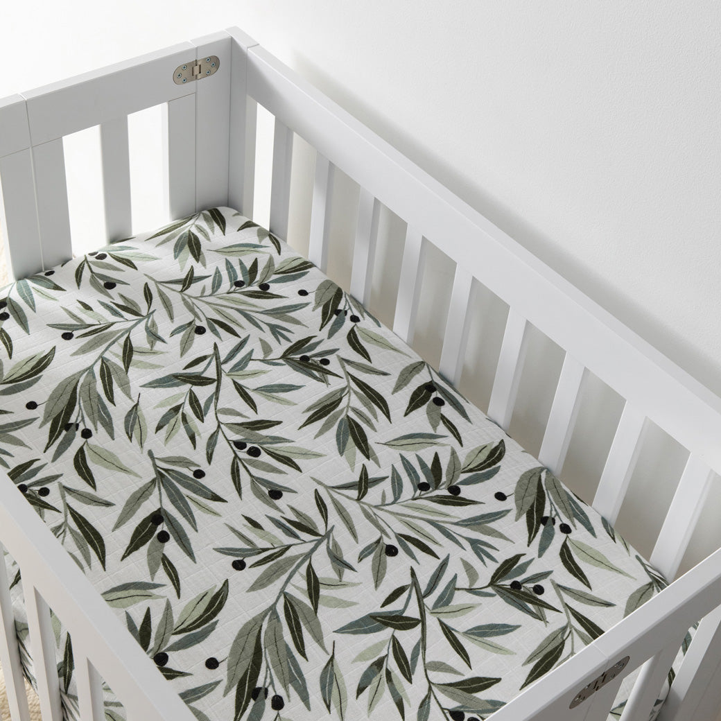 Empty crib equipped with Babyletto's Mini Crib Sheet in -- Color_Olive Branches