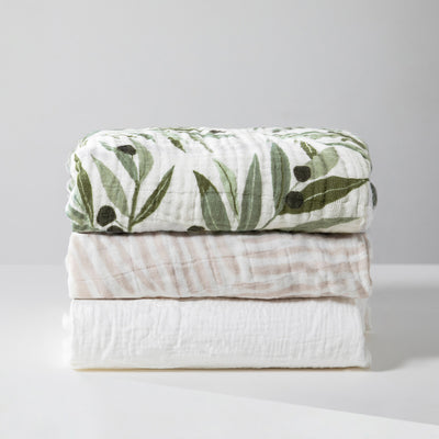 Three Babyletto's Mini Crib Sheet in -- Color_Olive Branches / Oat Stripe / White