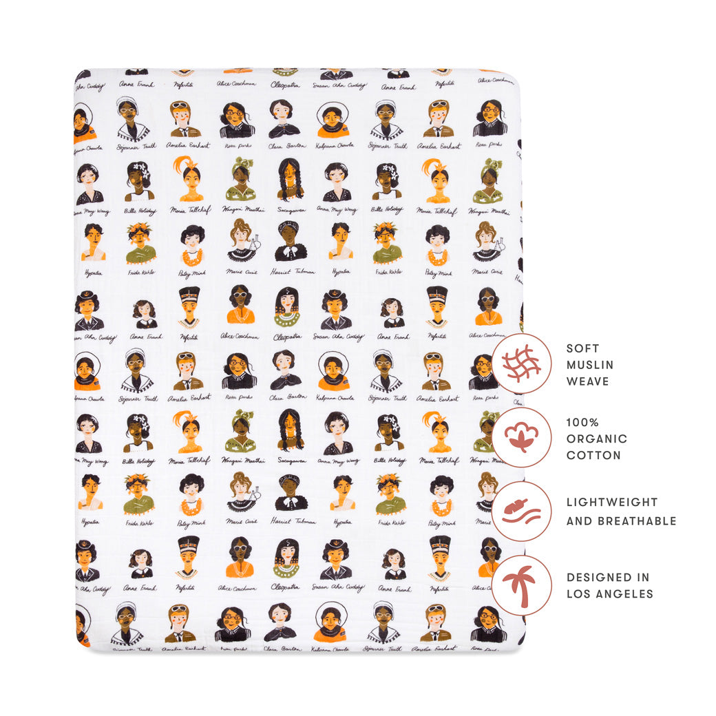 Specifications of Babyletto's All-Stages Midi Crib Sheet In GOTS Certified Organic Muslin Cotton in -- Color_Women In History