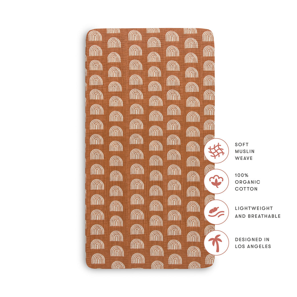 Specifications of the Babyletto's Crib Sheet in GOTS Certified Organic Muslin Cotton in -- Color_Terracotta Rainbow