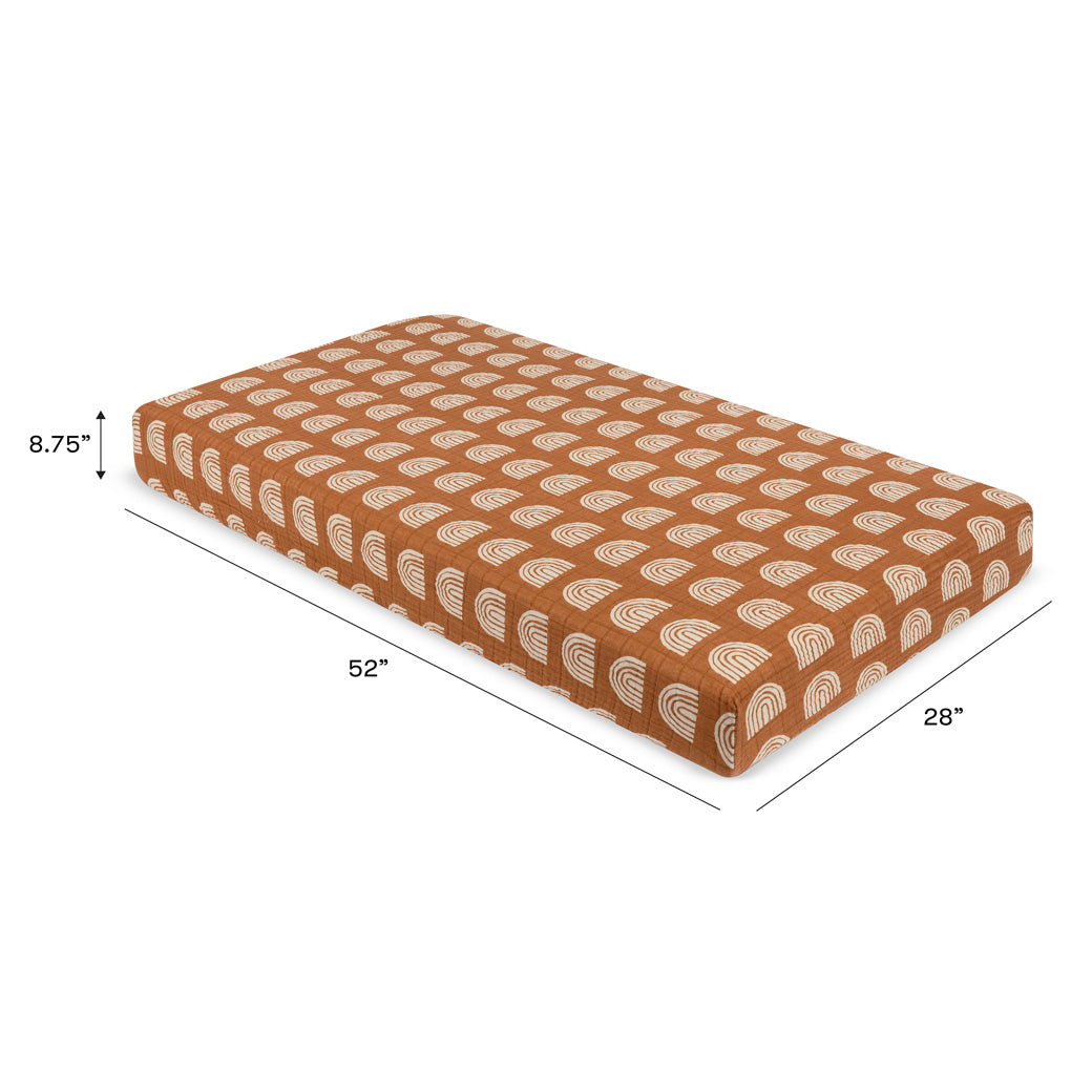 Dimensions of the Babyletto's Crib Sheet in GOTS Certified Organic Muslin Cotton in -- Color_Terracotta Rainbow