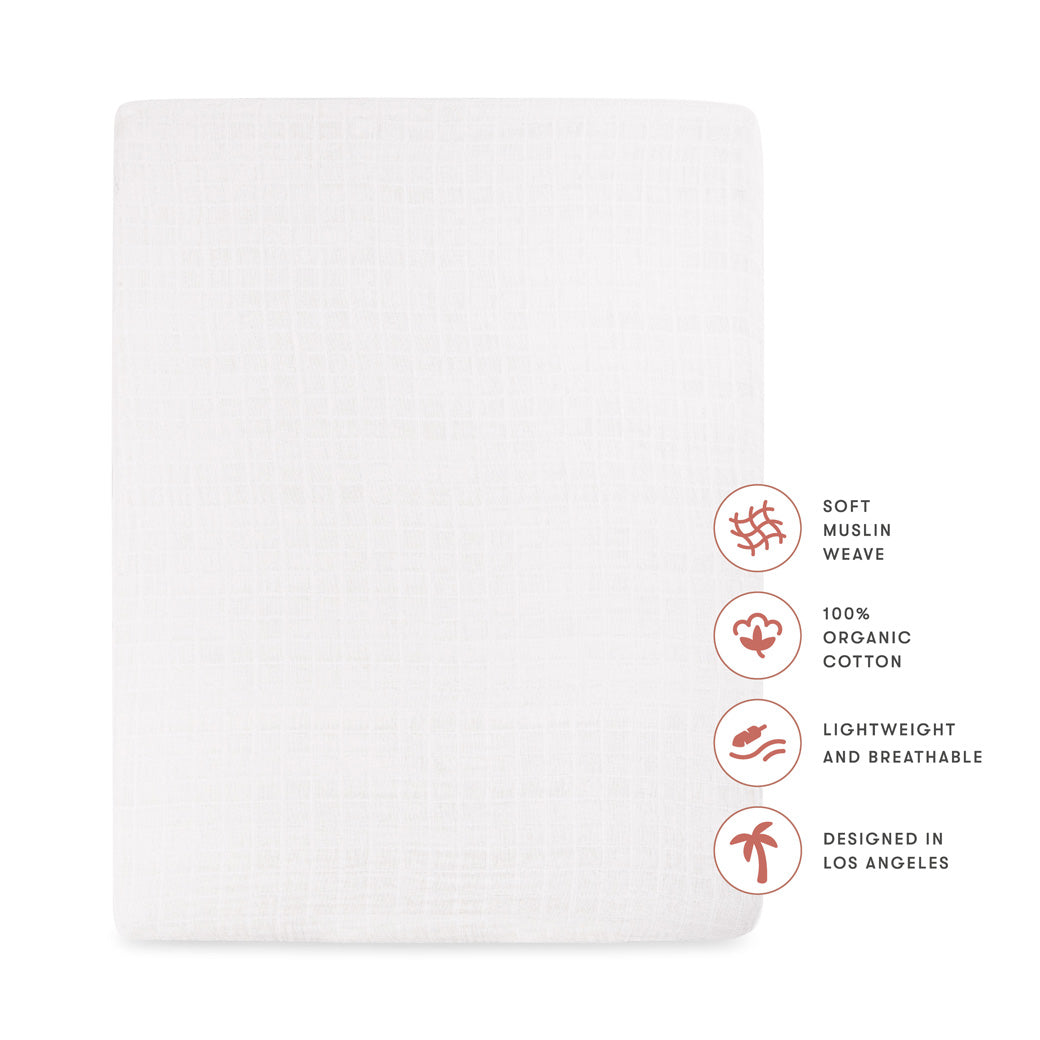 Specifications of Babyletto's All-Stages Midi Crib Sheet In GOTS Certified Organic Muslin Cotton in -- Color_White