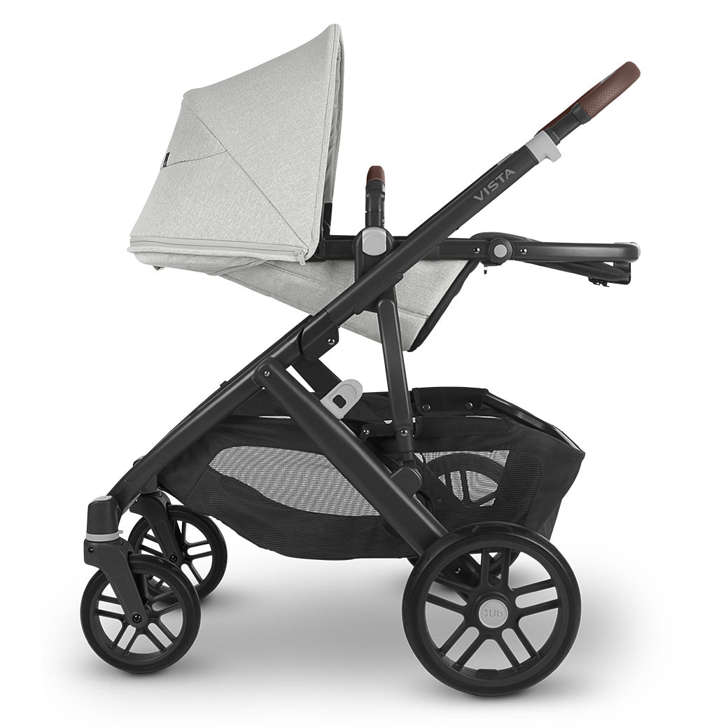 Reversed and fully reclined UPPAbaby VISTA V2 Travel System stroller in -- Color_Anthony