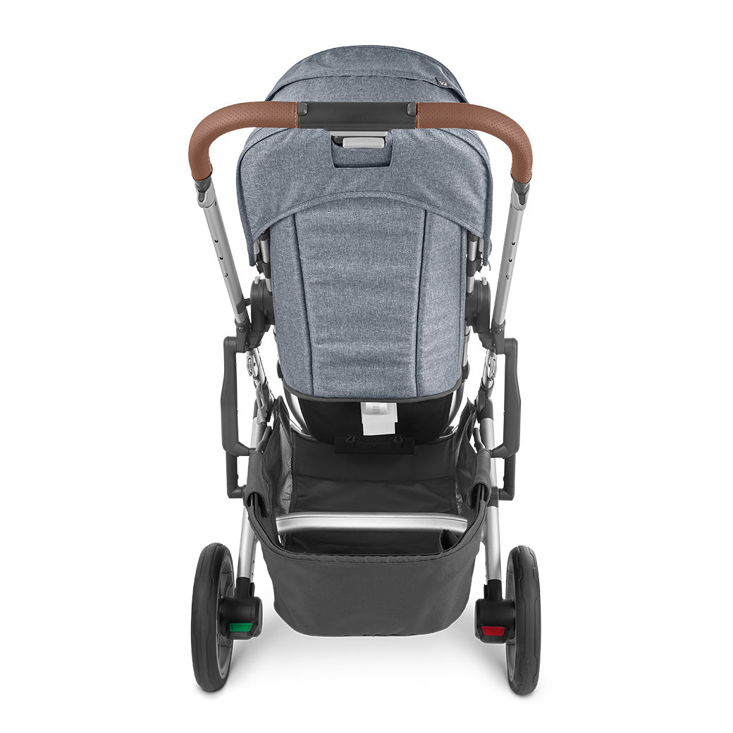 Rear view of front-facing uppababy cruz v2 stroller in bluish gray and black -- Color_Gregory