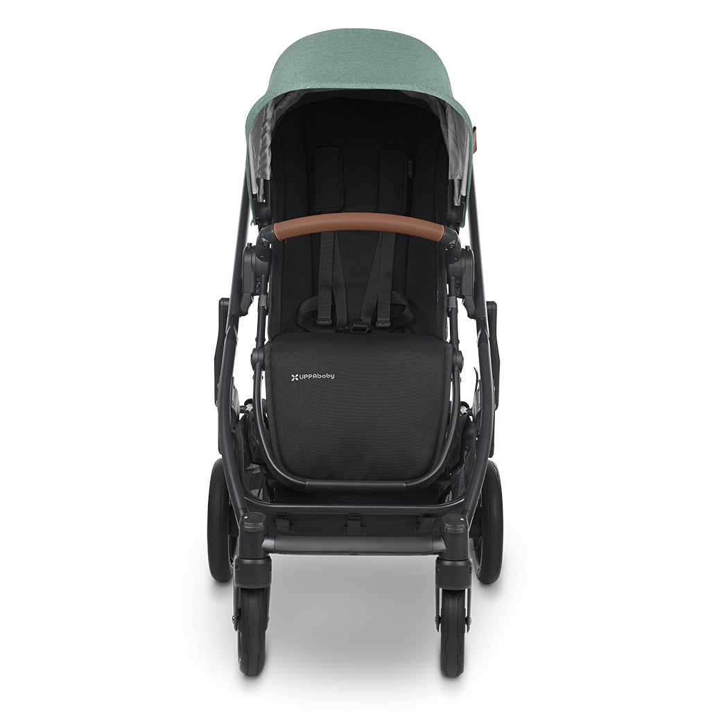 Front view of UPPAbaby CRUZ V2 Stroller in green with brown bar -- Color_Gwen
