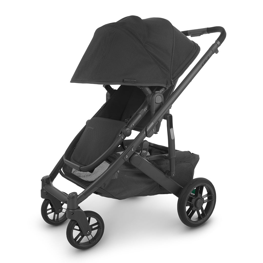 Angled view of UPPAbaby CRUZ V2 Stroller with canopy down in -- Color_Jake
