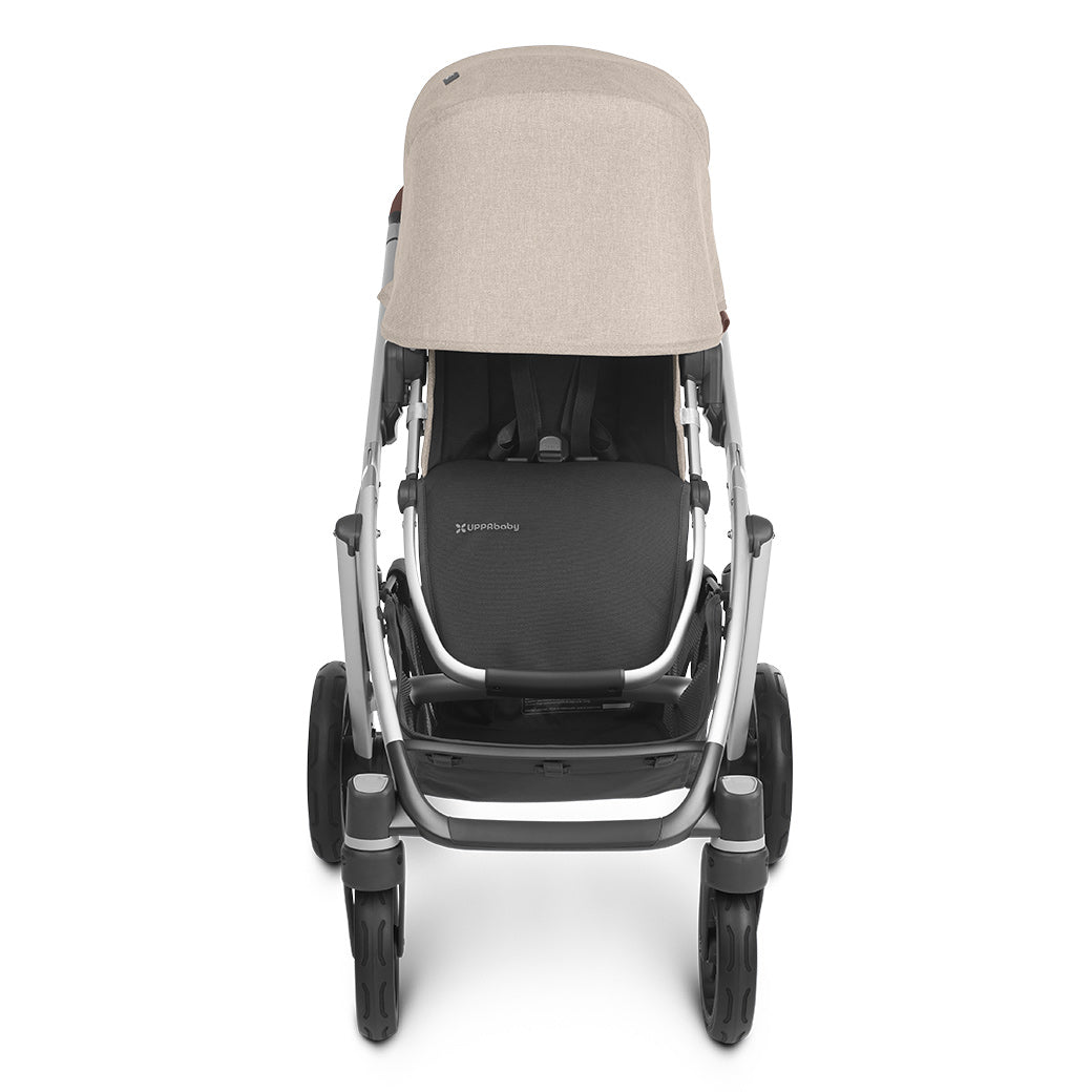 Front view looking into the extended sunshade on UPPAbaby Vista v2 stroller in -- Color_Declan