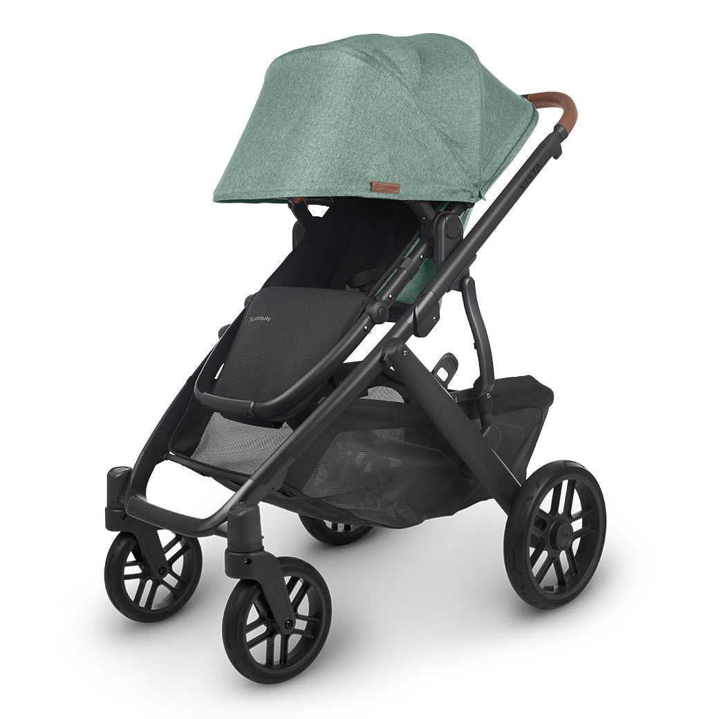 The extended sunshade on right side view of the uppababy vista v2 stroller -- Color_Gwen