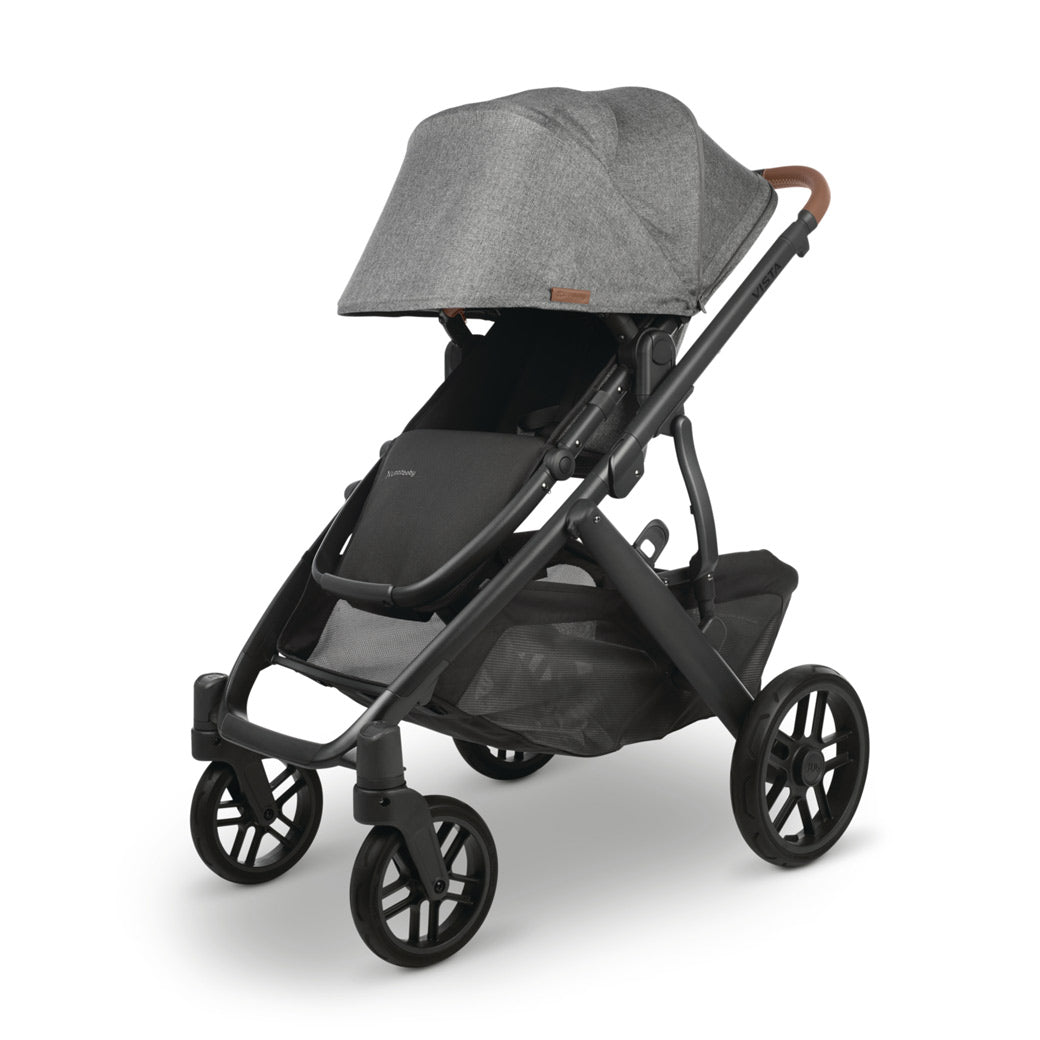 The extended sunshade on right side view of the uppababy vista v2 stroller -- Color_Greyson