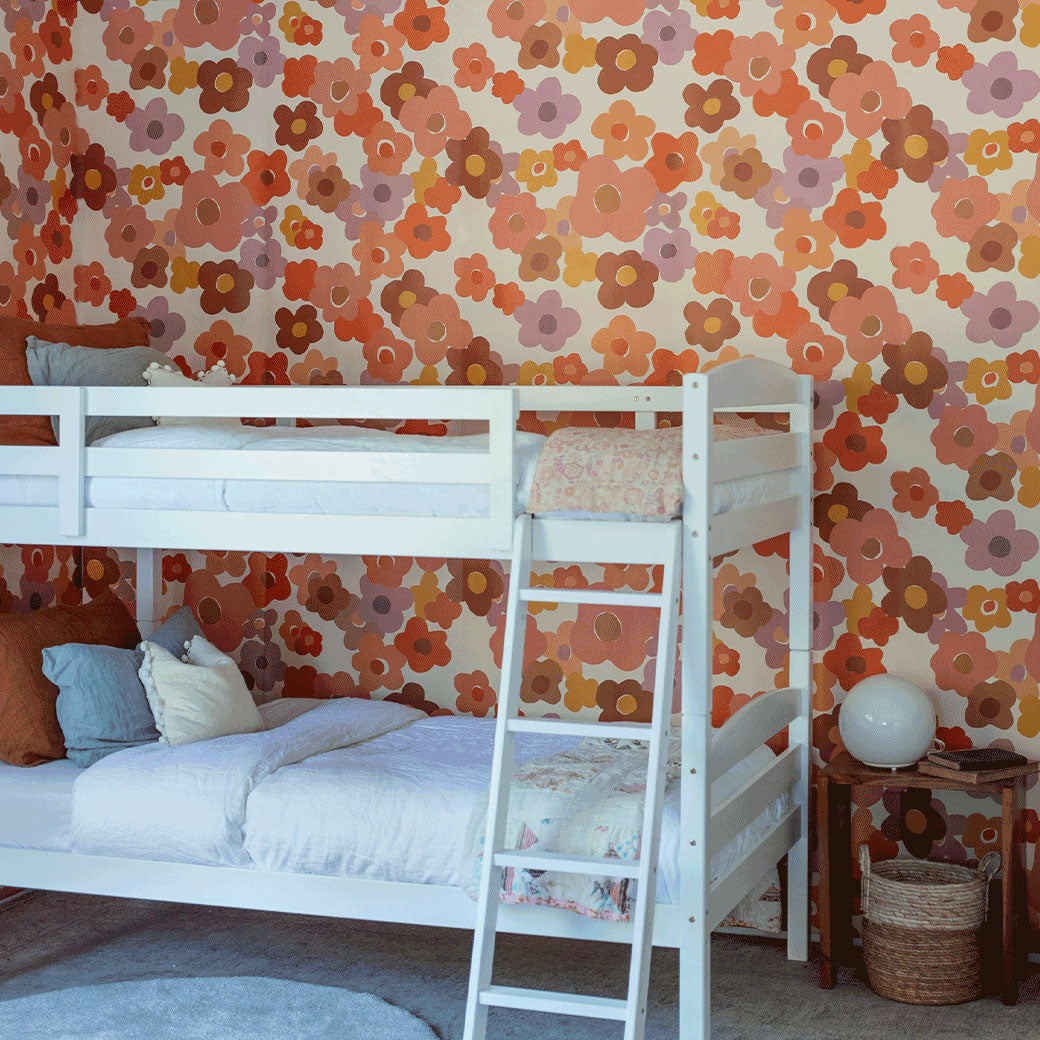 A white bunk bed corner view next to Anewall Summer Love Floral Mural