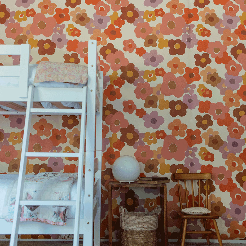 Right corner closeup of the bunk bed next to a wall furnished with Anewall Summer Love Floral Mural