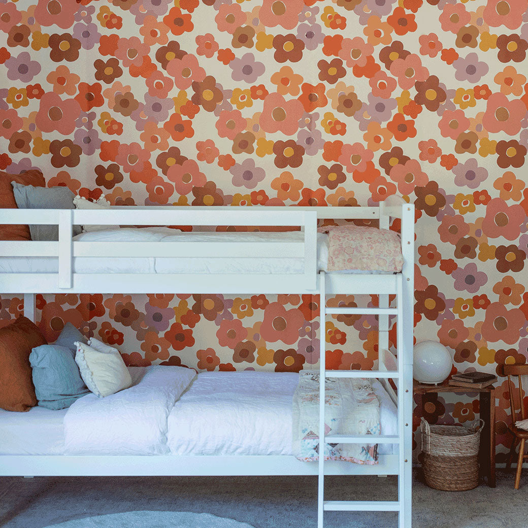 A white bunk bed agains a wall furnished with the Anewall Summer Love Floral Mural