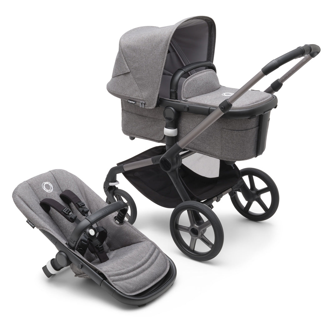 Bugaboo Fox 5 Stroller with a toddler seat and the bassinet in -- Color_Grey Melange