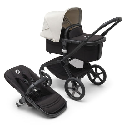 Bugaboo Fox 5 Stroller with a toddler seat and the bassinet in -- Color_Misty White