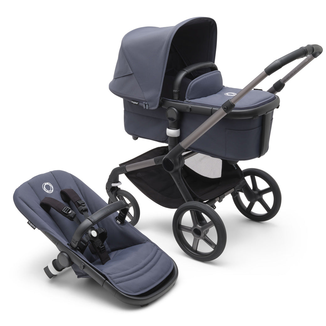 Bugaboo Fox 5 Stroller with a toddler seat and the bassinet in -- Color_Stormy Blue