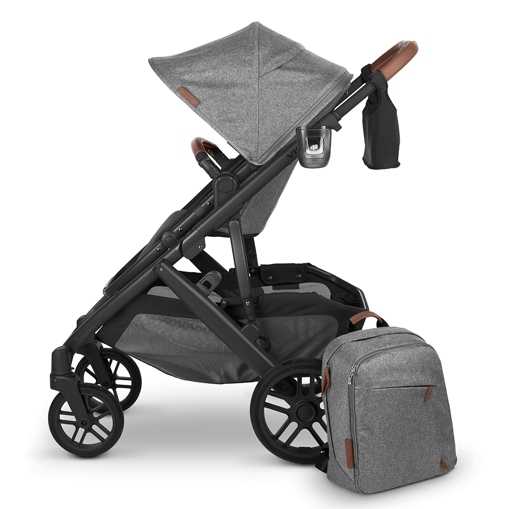 Side view of UPPAbaby stroller with UPPAbaby Changing Backpack in -- Color_Gregory