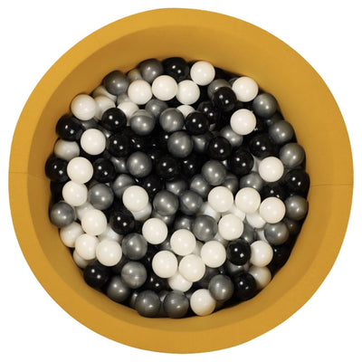 image of a larisa and pumpkin + modern nursery ball pit with black, silver and white balls -- Color_Mustard Organic Cotton Cover + Black/Silver/White Balls