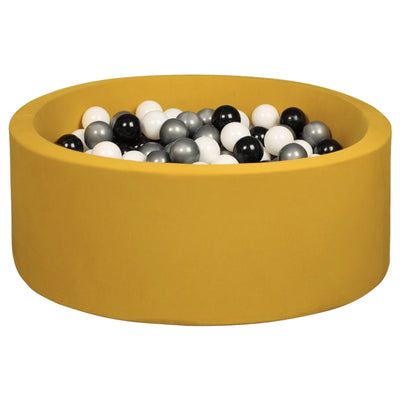 side image of a larisa and pumpkin + modern nursery ball pit with black, silver and white balls -- Color_Mustard Organic Cotton Cover + Black/Silver/White Balls