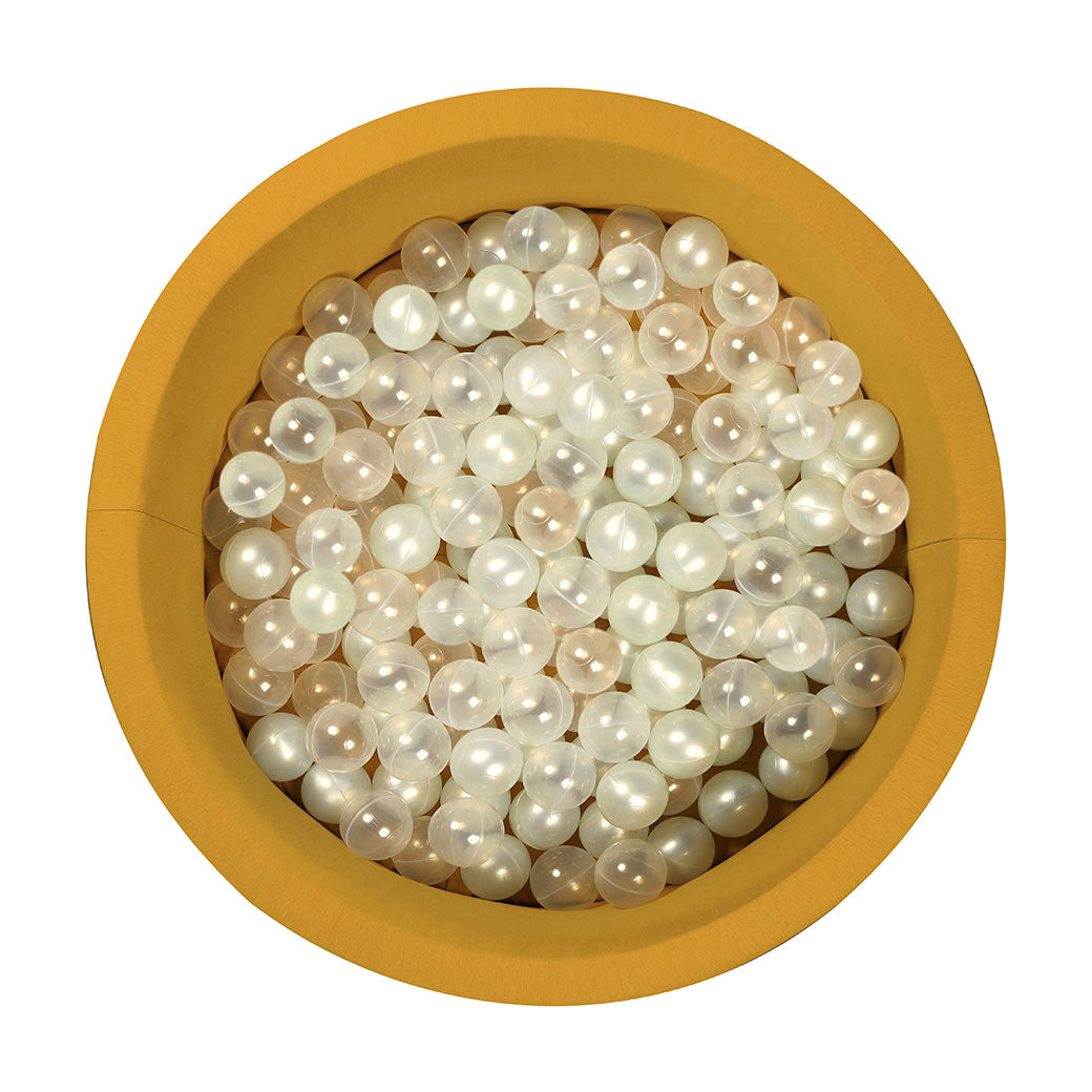 image of a larisa and pumpkin + modern nursery ball pit with clear and pearl balls -- Color_Mustard Organic Cotton Cover + Pearl/Clear Balls