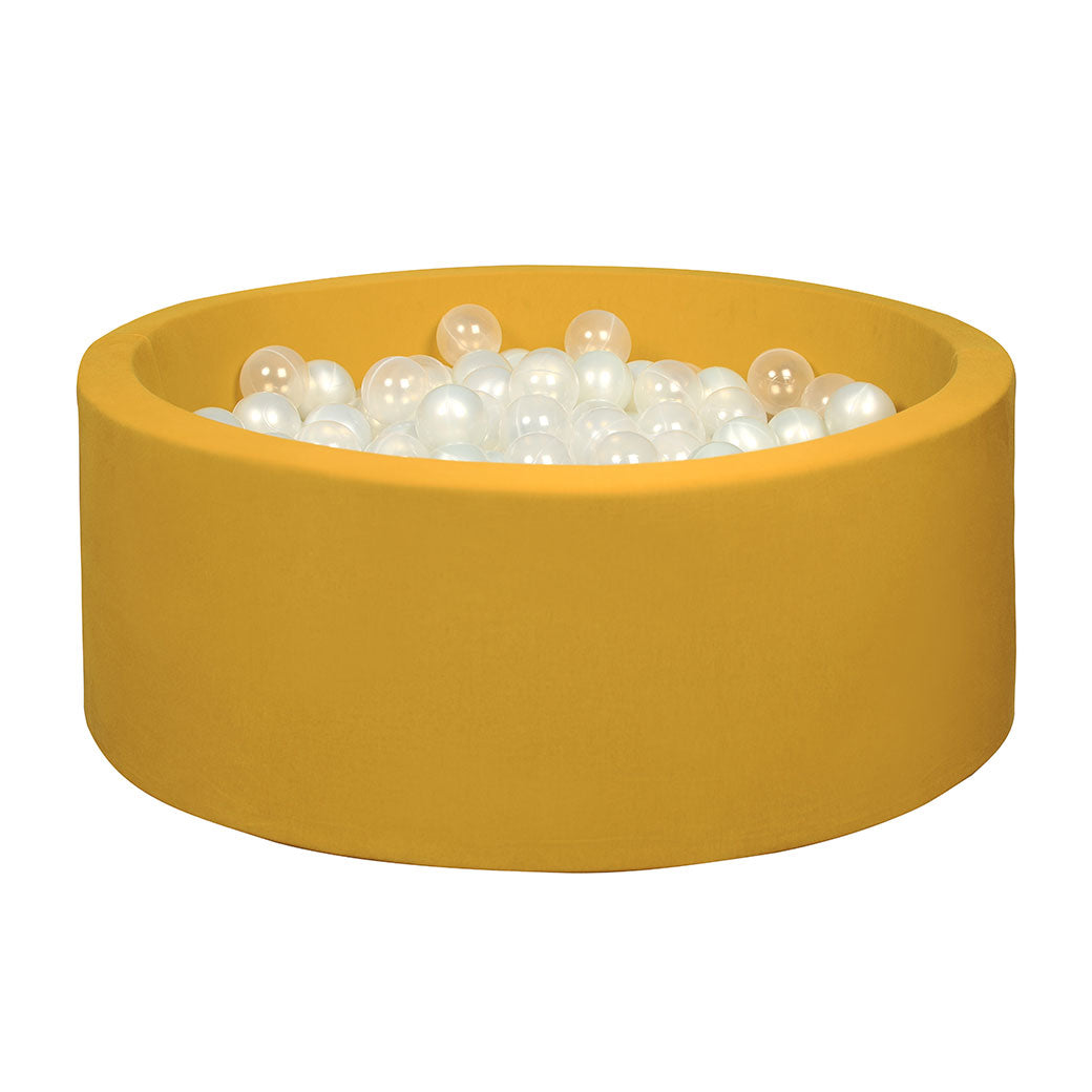 side image of a larisa and pumpkin + modern nursery ball pit with clear and pearl balls -- Color_Mustard Organic Cotton Cover + Pearl/Clear Balls
