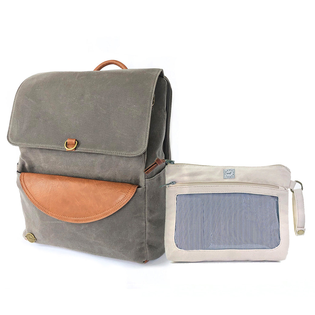 Momkindness Duo Backpack Diaper Bag with Canvas & Leather, Grey / Stone