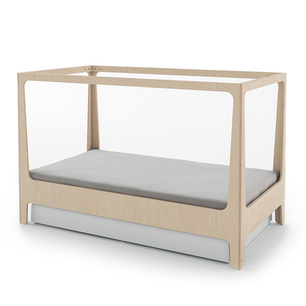 Oeuf Perch Nest Bed  configured as a canopy bed with a trundle underneath