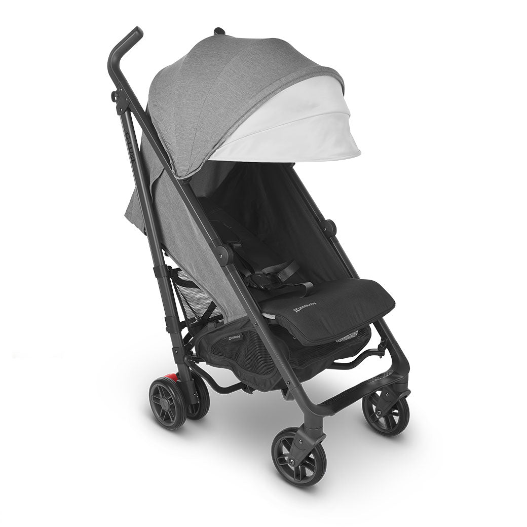 Reclined UPPAbaby G-Luxe Stroller with canopy down in --Color_Greyson