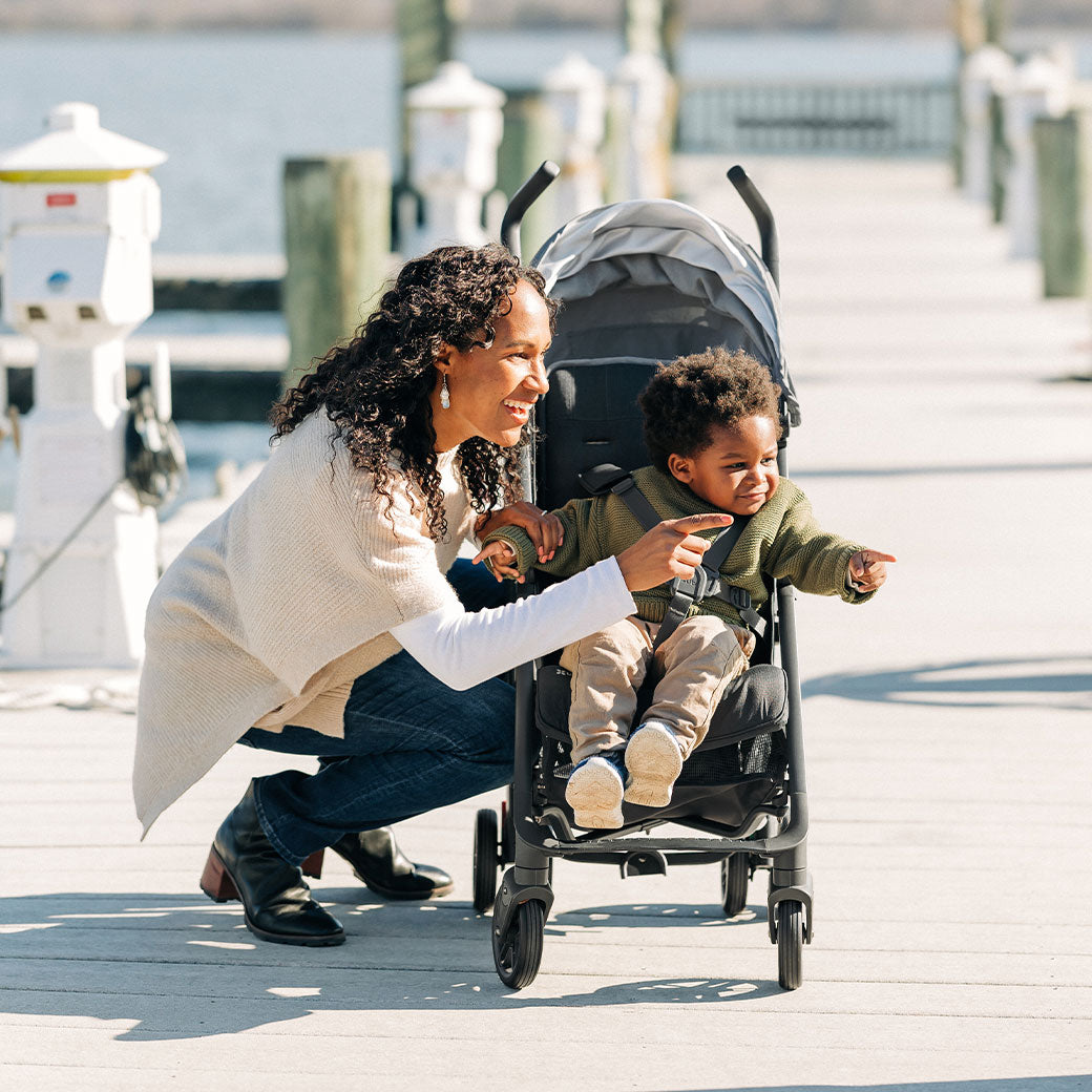 Mother crouched next to UPPAbaby G-Luxe Stroller with child pointing at something in --Color_Greyson