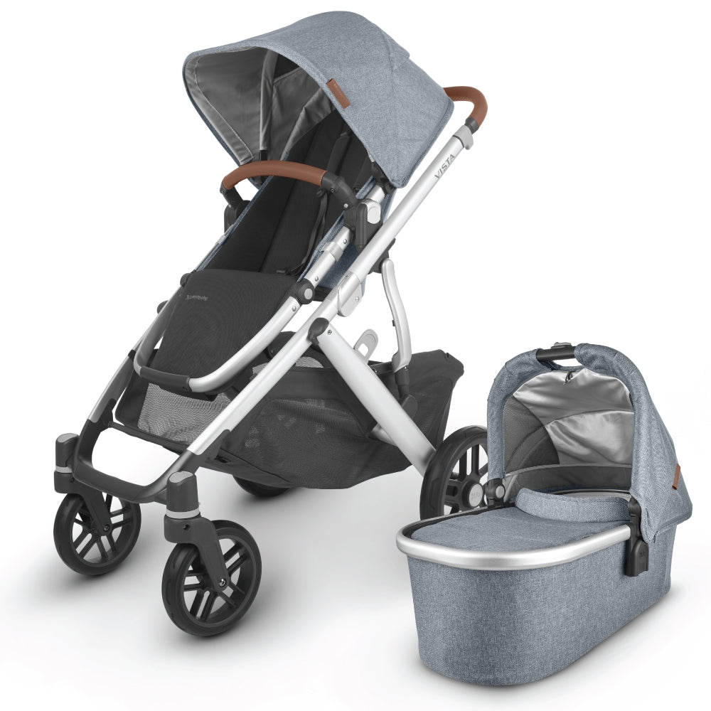 The all-new UPPAbaby VISTA v2 in light grey accommpanied by its matching bassinet -- Color_Gregory