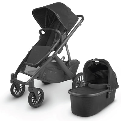 The all-new UPPAbaby VISTA v2 in black accommpanied by its matching bassinet -- Color_Jake